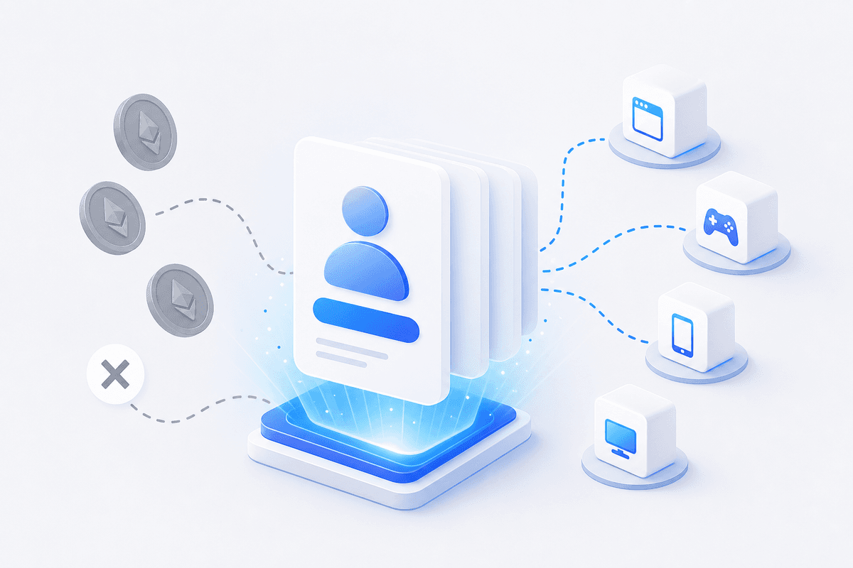Gas coins crossed out, feeding a single ENS identity card that connects to web, gaming, mobile, and desktop apps